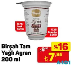 BİRŞAH TAM YAĞLI AYRAN 200 ML